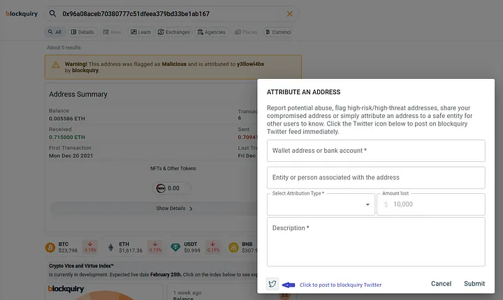 Address attribution pop-up on blockquiry web app.