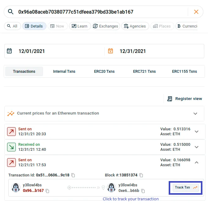 Detailed transaction view on blockquiry web app.