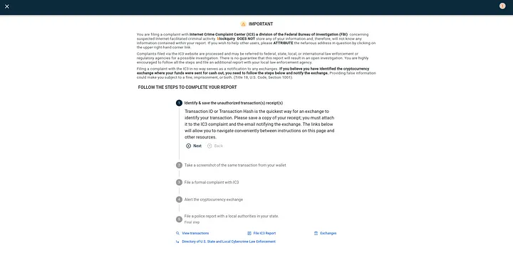Report crypto crime dialog on the blockquiry web app takes you through a step-by-step process on how and where to report your incident.