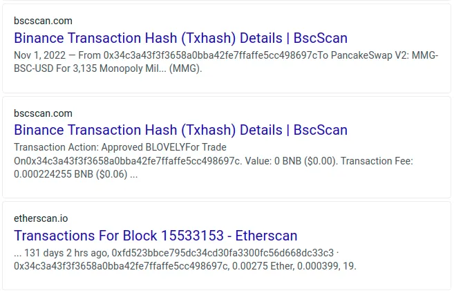 Links to other web sources where your search address has appeared.